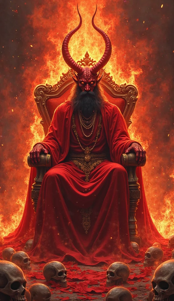 The image of the real devil with full details and naked without any clothes sitting on the king's throne, the background is terrible and frightening, in his right hand is a fiery double-headed spear.
The camera zooms in from a distance and flames appear in the background. realistic