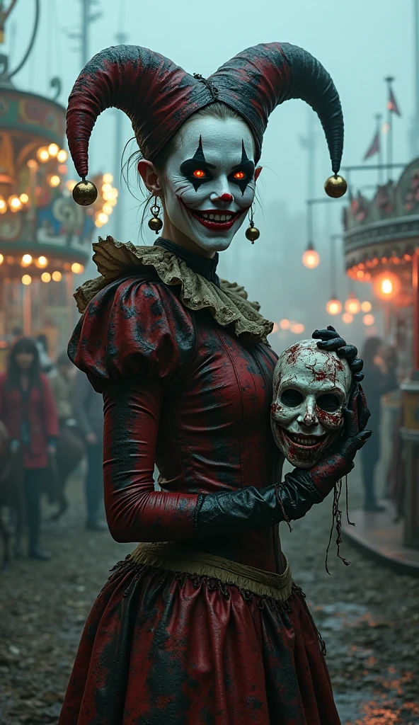 (highres,masterpiece:1.2),ultra-detailed,creepy clown girl,painted face,mesmerizing gaze,manic smile,dark eyes,tattered clown outfit,long, curly hair,Gothic atmosphere,hauntingly beautiful,haunted circus,abandoned carnival,playful terror,sinister laughter,eerie shadows,menacing presence,ominous background,nightmarish dreamscape,distorted reality,colorful balloons,flickering lights,painted tears,blood red lips,macabre makeup,broken porcelain doll,decaying props,haunted carousel,creepy music,hauntingly elegant,spooky amusement park,creepy contortion,ghostly silhouette,freak show performer,unnerving atmosphere,demented laughter,faded innocence,perpetual sadness,childhood nightmares,evil entertainment,unsettling presence,nightmarish mischief,terrifying charm,ensnared in fear.