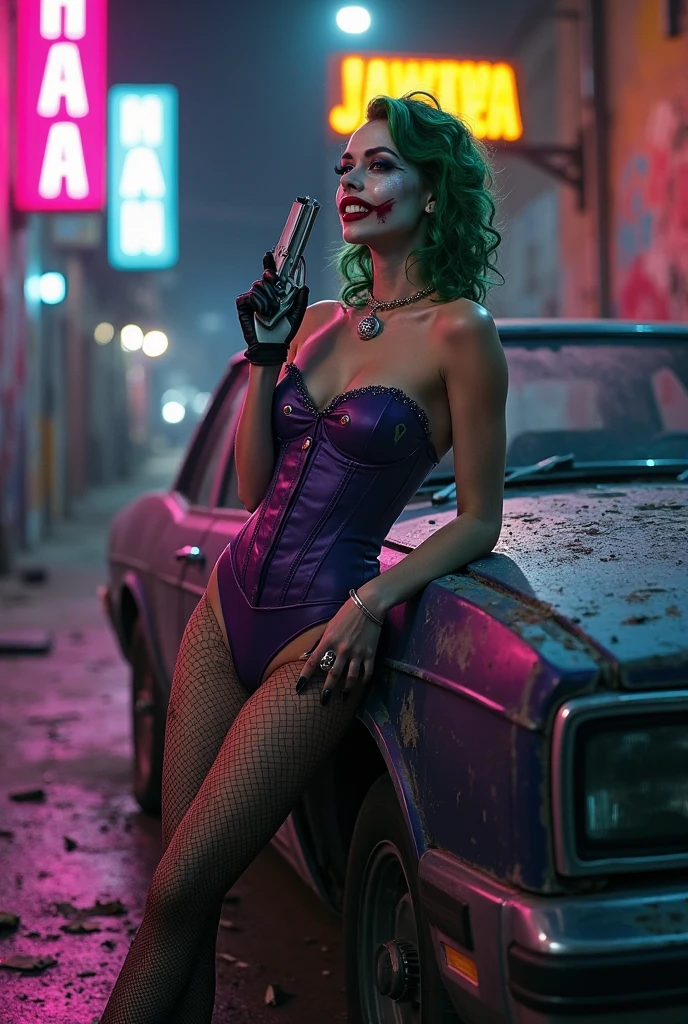 {
"prompt": "A faithful female version of the iconic Joker from DC Comics, reimagined with a seductive yet psychotic allure. She has pale white skin and wild, vibrant green hair styled in messy, chaotic curls. Her makeup is heavy and smeared, inspired by Heath Ledger’s Joker, with dark, hollow eyes surrounded by smudged black makeup, and a blood-red, twisted smile that extends unevenly beyond the corners of her mouth, creating a chilling, yet irresistible, grin. She wears a tailored purple suit jacket with a green vest and matching tie, left open to reveal her toned, alluring physique, paired with a revealing purple bikini bottom. Her posture exudes a dangerous confidence, combining her twisted mind with a seductive charm that makes her both terrifying and impossible to resist, using her beauty as a weapon to lure her prey.",
"size": "1024x1792"
}