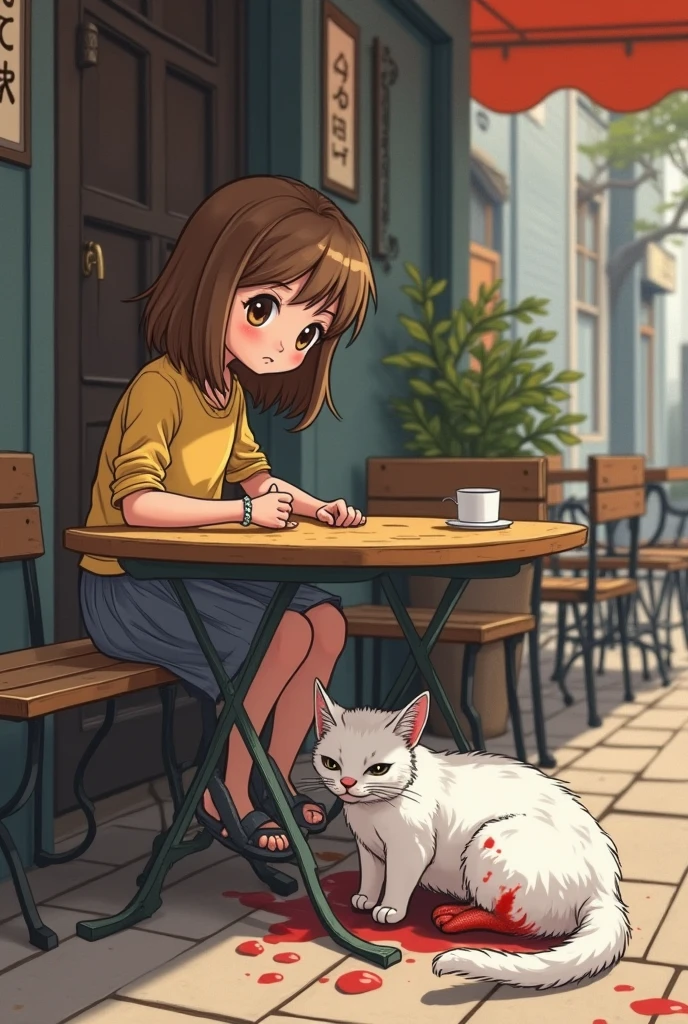Ja, Take a photo of a story, So girls. She has brown hair . straight hair, brown eyes and wears a skirt. She is sitting at a table on the bench with her family. Outside in a restaurant under the table is a white cat that has a head , i.e. her fur and body even with blood stains
