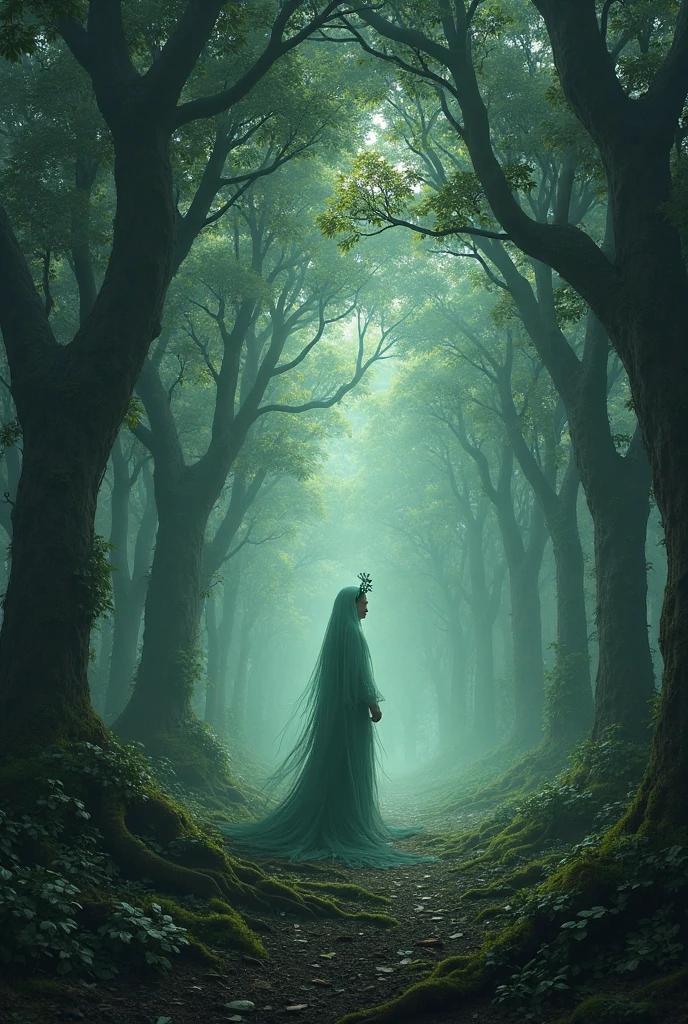 Make a dreamy mysterious horror style image symbolizing the embracement of nature, beautyfull green forest, delightfullness, symbols
