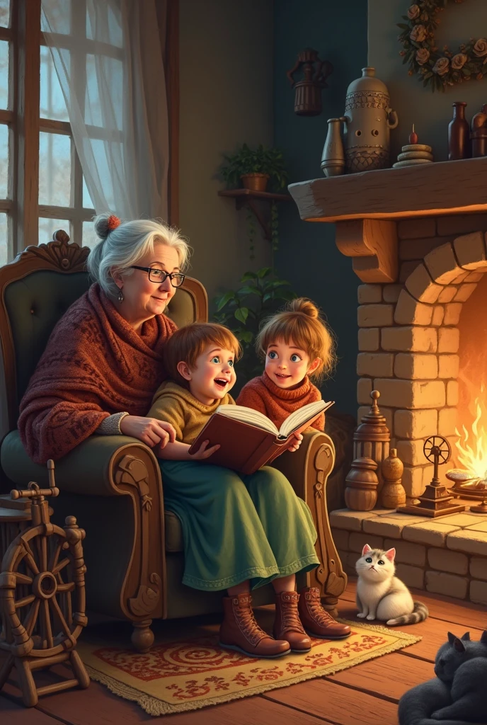 Old lady told story to the childrens in a room
