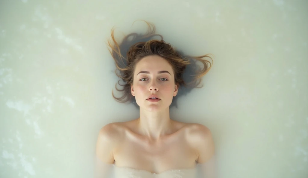 (masterpiece: 1.3), (8K, Photorealistic, Raw Photo, Best Quality: 1.4), A top-down shot of a woman floating on a bed of milky , her body gently rising above the surface, gazing directly at the camera with a calm expression, soft ripples forming around her, under diffused lighting, shot with a Nikon Z7 II, 50mm lens, smooth pastel tones with a focus on creamy whites