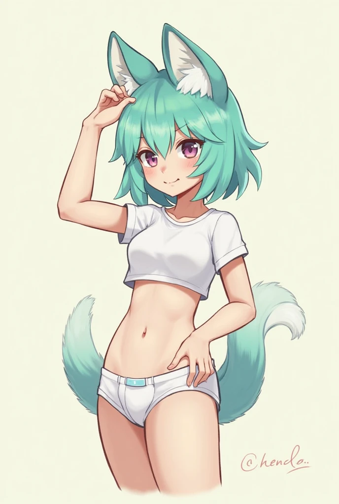 highres. detailed. masterpiece. best quality. clear image. hd. 8k image. light particles. intricate details. 1girl. solo. tattoo all over the body. furry. kitsune feet. fluffy tails grow from the coccyx. with fluffy kitsune ears. teenager. toned body. graceful. ((slender. slim. skinny)). ((cute)). short and spiky cyan hair. happy. kawaii. blushes. slightly open mouth. fangs, black shorts and a cyan crop-top