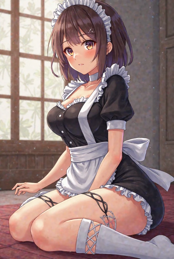1 maid who was mopping the floor in sexy clothes, only wearing a bra and panties, looked at me with a little embarrassment. (graphics like in anime)