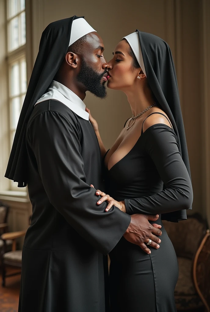 (Photorealistic:1.4), (Masterpiece artwork:1.3), (Maximum quality:1.4), Ultrarealistic, HD 8k,
full body showing very big ass, quadril avantajado e seios enormes e proporcionais
Woman madura, aged 50, with a very big ass and huge breasts dressed as a nun
(Cao Cao (muscular) black male )),
man black lycra thong, powerful jaw, dominant, Big muscular arms, broad chest, narrow waisted, strong legs, clean face,
her bright expression, extremely beautiful, awesome gorgeous, Extraordinary beauty, Detailed cute e beautiful face, Beautiful big blue eyes,freckles, blonde hair with short bun, small and cheerful nose, thin red lips, beautiful bangs, Bright, glowing white skin, Bangs that extend to the face, tight body, toned abdomen, sexy buttocks, huge and steep, subtle makeup, extremely pale Woman, Extremely pale skin,
(candlelit castle room), dark lighting, the nun has a very big ass, wide hip de 120 cm, huge breasts alternative vibe,vibrant lighting, hight contrast,dramatic shadows,highy detailed,skin detailed,Depth of field,dynamic angle,bright lighting, film grain,
Woman (translucent gold swimsuit)
men's lycra thong,
full body view, Woman e man show desire, (man holding her neck kissing her), legs intertwined, full steing view, Look of desire, sensual bite lips , 5 fingers, Perfect feet, passionate pose, ((uncovered body)), full body exposed, (NO DEFORMATIONS), (no tattoos), (perfect toes), extremely explicit e erotic, detailed chest, nun with a big ass, very big tits, wide hip, elderly nun with a spectacular body