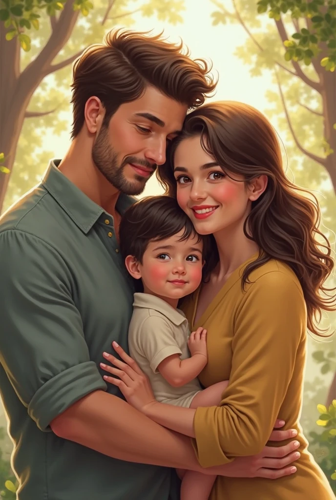 um casal, of a beautiful man, Cao Cao, brawny, blackquality hair, greeneyes, Young men, a small woman, seios grandes de blackquality hair, with honey-colored eyes, with a smile, carrying a baby, and the man carrying a baby.