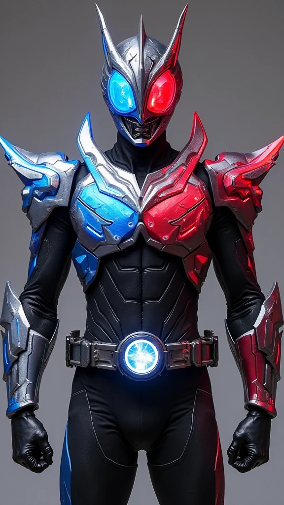 Create a Kamen Rider whose armor is based on an ice dragon and a fire phoenix with a red transformation belt with two small tubes on the side of the buckle.. With simple style.