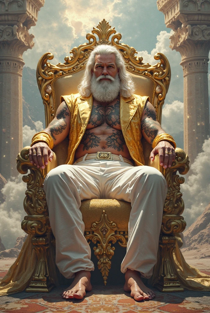 god on his throne ruling,Open legs, hair from navel to groin, underwear white with big bulge in the middle, Chubby, Hairy, Bearded, high resolution, ultra-detailed , sharp focus, intricate details, Holding your big belly, high resolution, ultra-detailed, sharp focus, detailed eyes, symmetrical eyes, expressive eyes, clear pupils, focused gaze , king's expression is intimidating with a sense of authority, solo, masterpiece, best quality, male, mature, manly, detailed nipples, detailed navel, photorealistic, 8k, (wide dynamic range, hdr:1.2), sitting, (night:1.2)