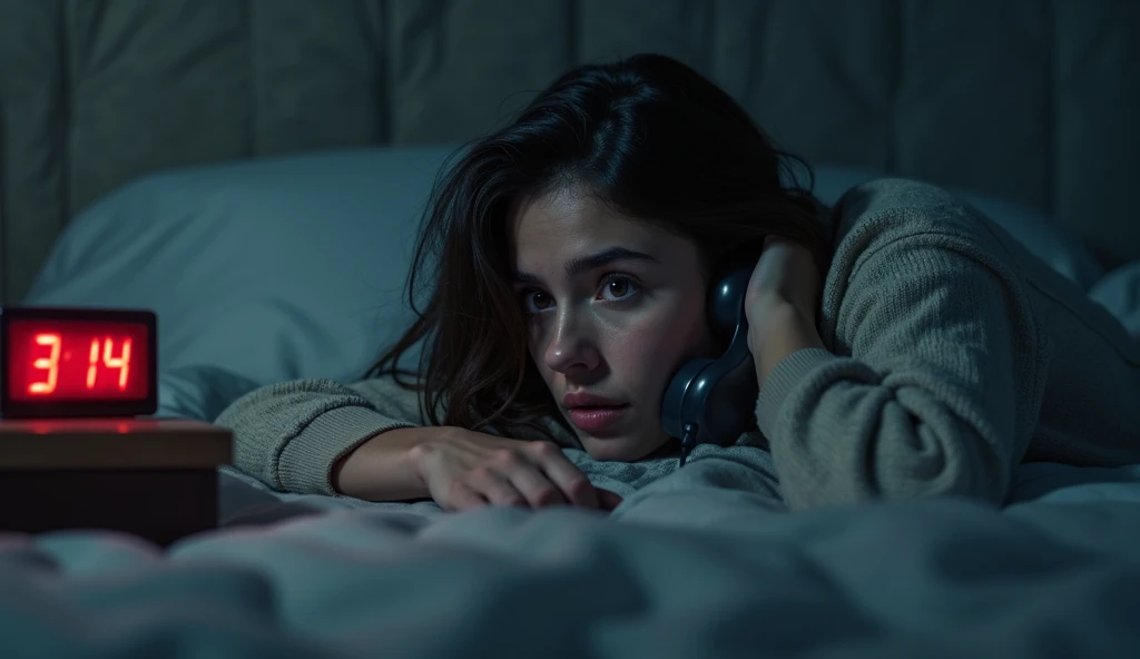 masterpiece, Highest quality, 1 Girl, alone, effect, Dark Background, In the room at night、A girl in bed answers the phone with a solemn expression