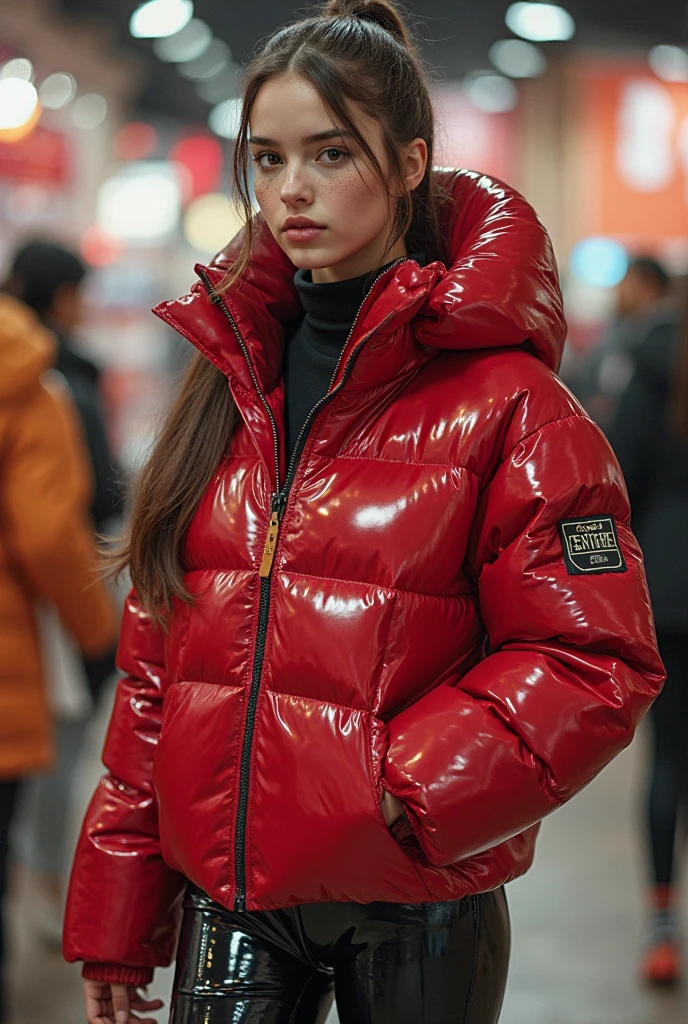 a slim ponytail 16 year old girl and her bestie walking in a pufferstore,beautiful detailed eyes,beautiful freckles,beautiful detailed lips,extremely detailed eyes and face,longeyelashes, wearing beautiful detailed closed-hood formfitting duvetica overfilled shiny super gleamy super thick glossy puffer jacket covering on her super padded high-collared puffer vest, shiny latex leggings,symmetrical,masterpiece,cinematic,lifelike,hyperrealistic,8k,photorealistic,highly detailed,intricate,exquisite,elegant,beautiful,stunning