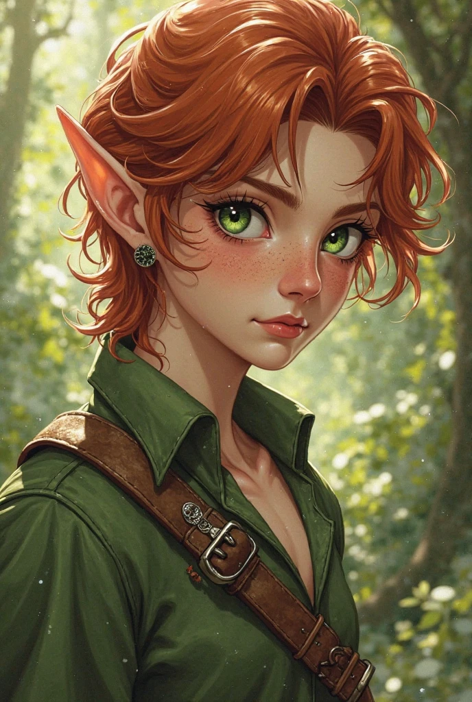 Androgynous elf, redhead, wavy hair, big green eyes, a very fair skin and a face full of freckles, a cut in an ear and an earring in it, can use magic to control plants he has a belt with bottles that crosses his , he has a thin and delicate body, But at the same time male, He doesn't wear a shirt, like a character from semi-medieval Isekai 