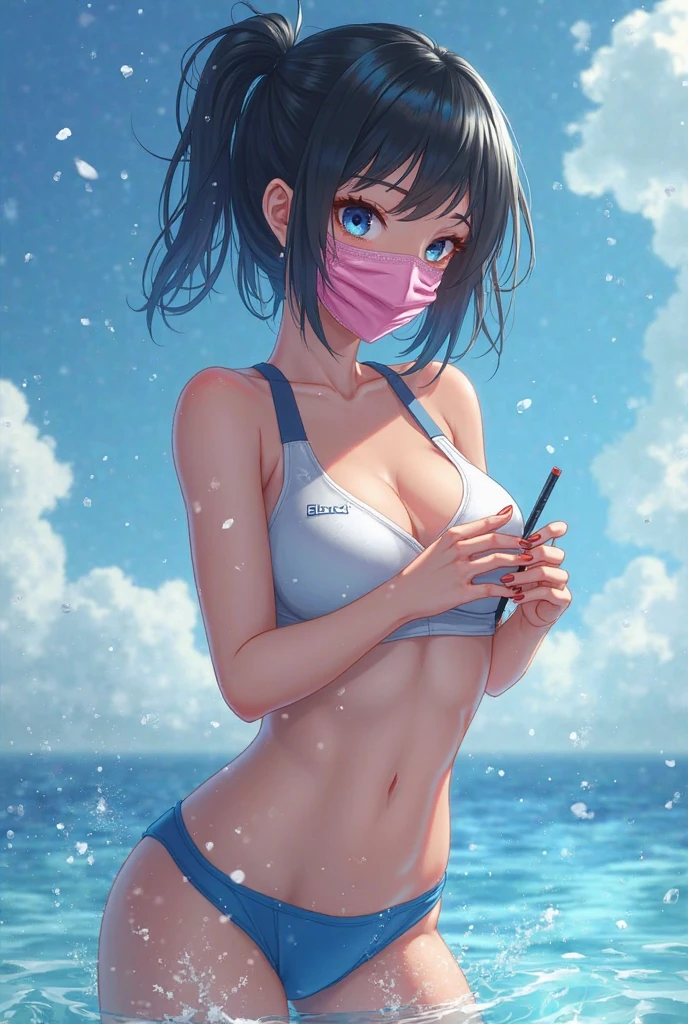 sssshass, 1girl, swimsuit, blue bikini, black hair, surgical mask, short hair, blue eyes, navel, , large breasts, looking at viewer, bangs, folded ponytail, plump, , beach, all fours, <lora:sssshass3:1>