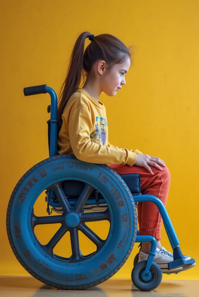 A vibrant portrait of a girl in a wheelchair, her curly hair cascading down her shoulders, her eyes filled with determination and courage