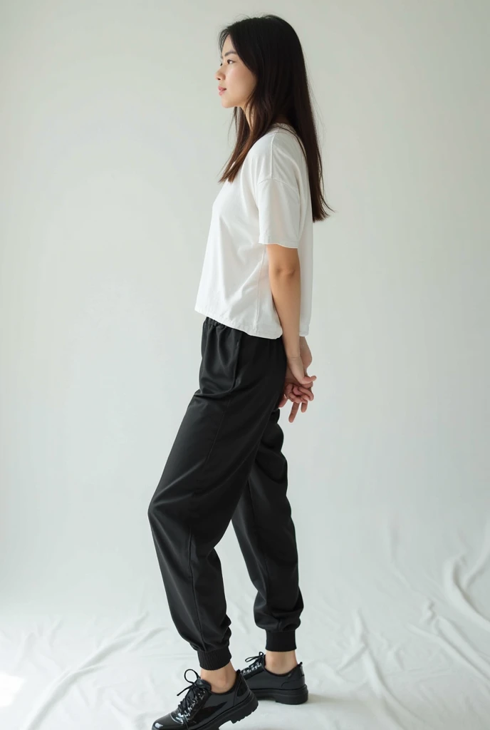 Japanese Girl thin body wearing a white short-sleeved t-shirt sees the ghost and pees her gray pajama pants until his pants are wet pants in fright.