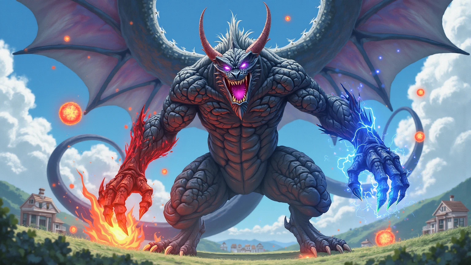 (best quality,4K,8K,high resolution,masterpiece:1.2),Extremely detailed,Practical:1.37,Solitary,1 boy,Huge muscle old man( Furry Nergigante),angry,VFX Light Particles, pectoral,huge pectoral,wide pectoral,Short white hair,Bearded,Dark background,Strong expression,Dynamic poses,Epic battle scenes,Glowing eyes,Dark energy,Dramatic Lighting,Dramatic shadows,Strong color contrast,Strong muscle lines,Battle scars,resolute determination,Like an old warrior,Dramatic visuals,Intense energy release,Blazing breath,Iconic starry galaxy background.