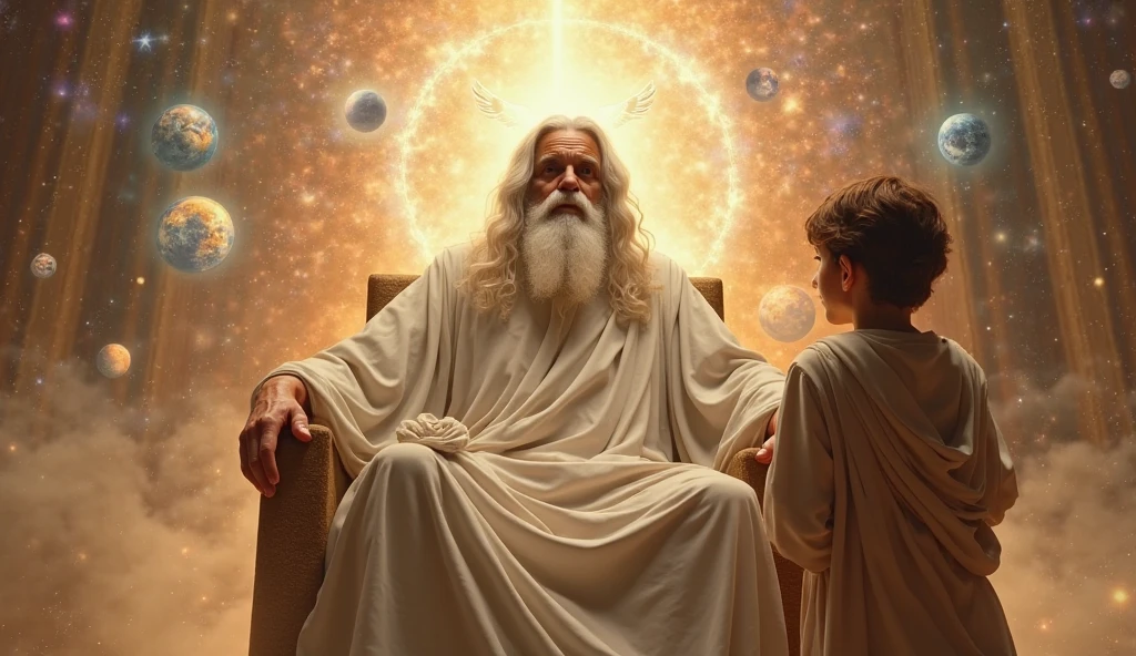 16k, 32k, UHD, masterpiece, best quality, upper body, God, who is super vast and gigantic, wearing white and shimmery gold robe, long white hair, white beard, holding Adam in his hand. God is super Gigantic and Adam is as small as God's little finger. God puts Adam into the beautiful enchanting garden of Eden. Adam is 20 years old, athletic body, light brown wavy hair and human, but he is tiny as God's little finger while in God's hand.