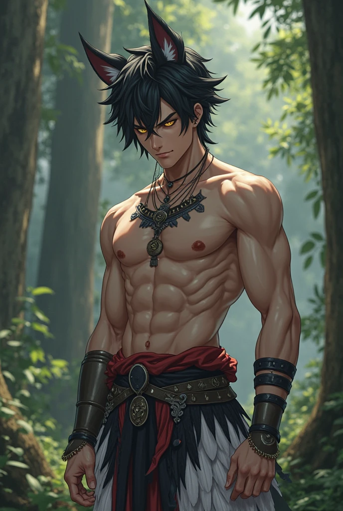 (absurdres, highres, ultra detailed), 1 male, (28 years old male) (short pointed ears) adult, handsome, tall slender guy, narrow eyes, narrow shoulders, finely detailed eyes and detailed face, messy shaggy black hair, shaggy hair, side bangs, bangs, green eyes, sexy twink, shirtless, bare chest, final fantasy 14, slave collar, full body shot, defiant pose expression, cinematic, forest bokeh, background blur