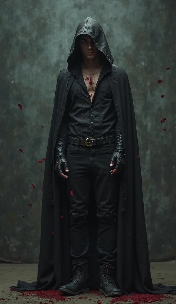 A tall young man with black hair and white skin with a sword in his hand and blood on it, with a cold look at a man lying on the floor, bleeding.