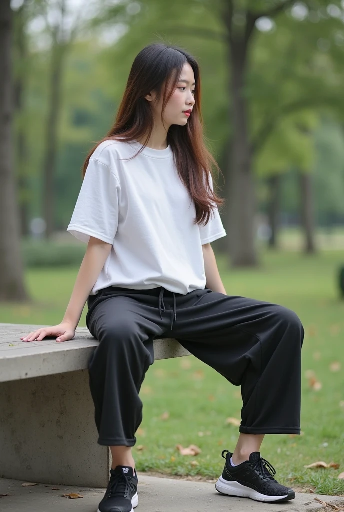 1girl,, perface face, beauty face, realistic, ((random shirt)), sweatpants, wavy hair in a ponytail, (perface hair), (sitting on a park bench), tree detail, puddle detail, sunny clouds