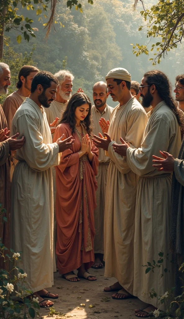 "isual Prompt 1: Anticipation of Eternal Life

Description: Illustrate a serene and heavenly scene where believers of diverse backgrounds are gathered in a tranquil garden or celestial realm. Show them engaged in joyful activities like worship, fellowship, and contemplation, symbolizing their anticipation of eternal life. Capture the essence of peace and spiritual fulfillment as they interact in this heavenly setting.

Details: Use soft, ethereal lighting with gentle colors such as pastel blues, greens, and pinks to create a sense of tranquility and spiritual serenity. Include elements like open books with scriptures floating gently in the air, angelic figures surrounding the believers with expressions of comfort and guidance, and a radiant horizon in the distance symbolizing the promise of eternal dawn. Emphasize the diversity of believers through varied attire and postures, reflecting their unity in faith and shared anticipation of the eternal life promised in the Bible."