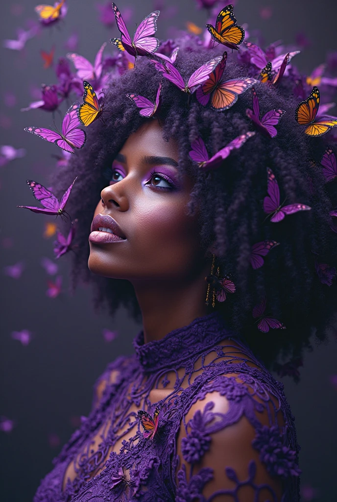 country road，Roadside wildflowers，weeds，sunraise，brilliant colorful, full body shot, fantasy, field full of purple butterflies, a beautiful, curvy, plump, mature, 40 year old black woman, fully dressed, walking in a colorful flower field, surrounded by lots of purple butterflies, flying around her, giant purple butterflies flying over a colorful field of flowers, detailed eyes, detailed lips, long eyelashes, highly detailed, 8k, photorealistic, masterpiece, vibrant colors, dramatic lighting, fantasy, surreal, magical realism, clouds in the background