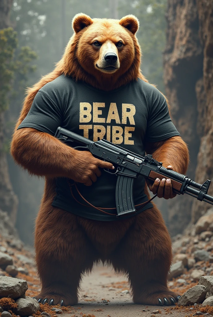 Main character: A very muscular brown bear, standing and shirtless. He wears baggy pants and a wrestling belt with the letters "T S R" In the middle.
Accessories: In one hand he holds a bazooka with the name “BDGA” written on it.. On the other hand, the bear is holding a computer keyboard.
around: In front of the bear is a blank computer screen.. The screen is visible from the side so that it can be seen clearly..
action: The bear is rapping to the inert monitor, as if he were in full performance in front of the screen.
Additional Details: The bazooka must be prominent and eye-catching, and the wrestling belt must be clearly visible and detailed.