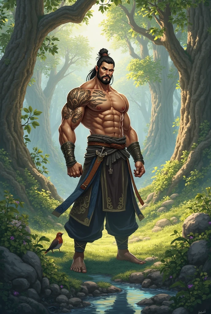 (Masterpiece, best quality), detailed, ((character concept art)), ((character design sheet, same character, front, Side, back)), Theon I was an imposing man, over two meters tall and with robust muscles. His long hair and beard were dark brown., often adorned with braids and tribal ornaments.