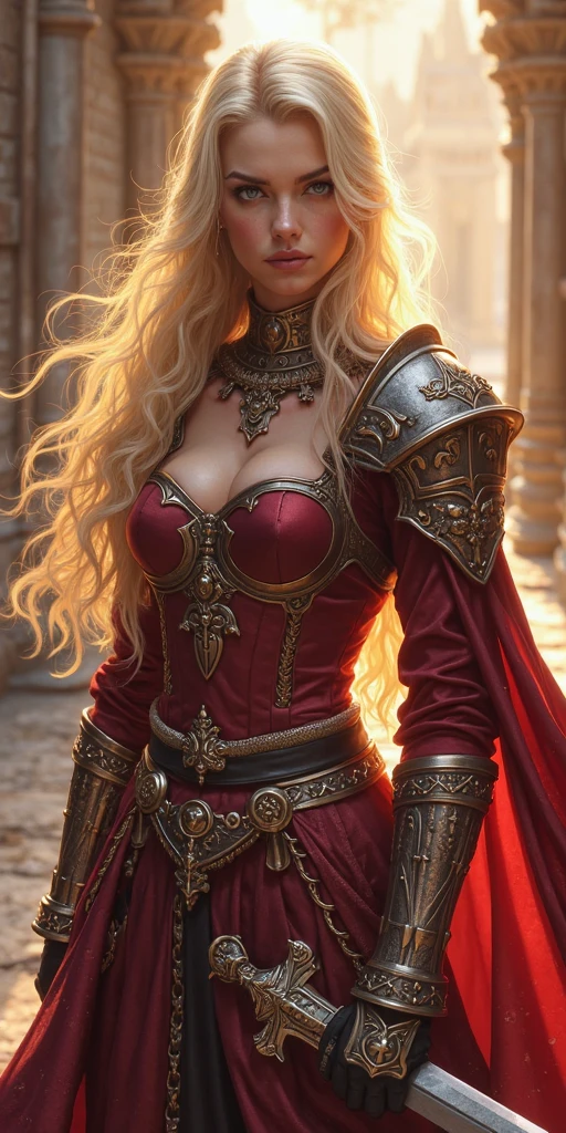 8K, Ultra High Definition, Super detailed, Shiny detailed hair, detailed face, fantasy landscape, solo, looking at viewer, {{best quality}}, {{masterpiece}}, {{ultra-detailed}}, {detailed light}, ultra high quality eyes, detailed eyes, perfect eyes, large eyes, detailed yellow eyes, beautiful lips, red hair, long hair, armor, beautiful, skinny body, white skin, slutty, erotic, suggestive, ((nsfw))