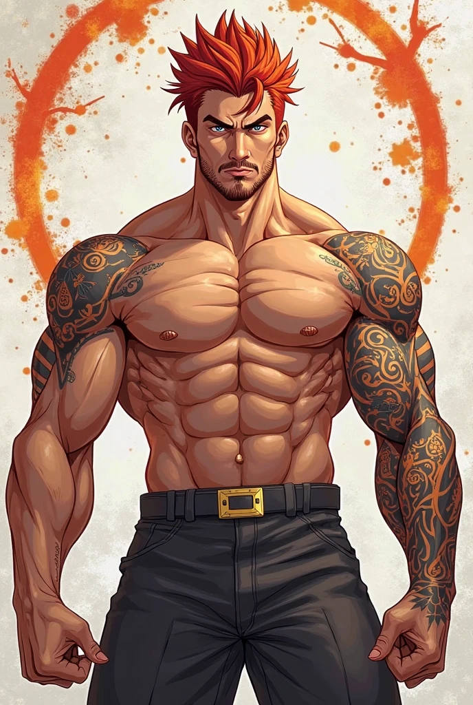 masterpiece, handsome, clear face, clear eyes, best quality, muscular, bara, shirtless, mature male ,brown anime hair, large pectorals, huge arms and hands, thick eye brows,white police pants with belt,white police hat, cropped feet, tattooed arms, white background