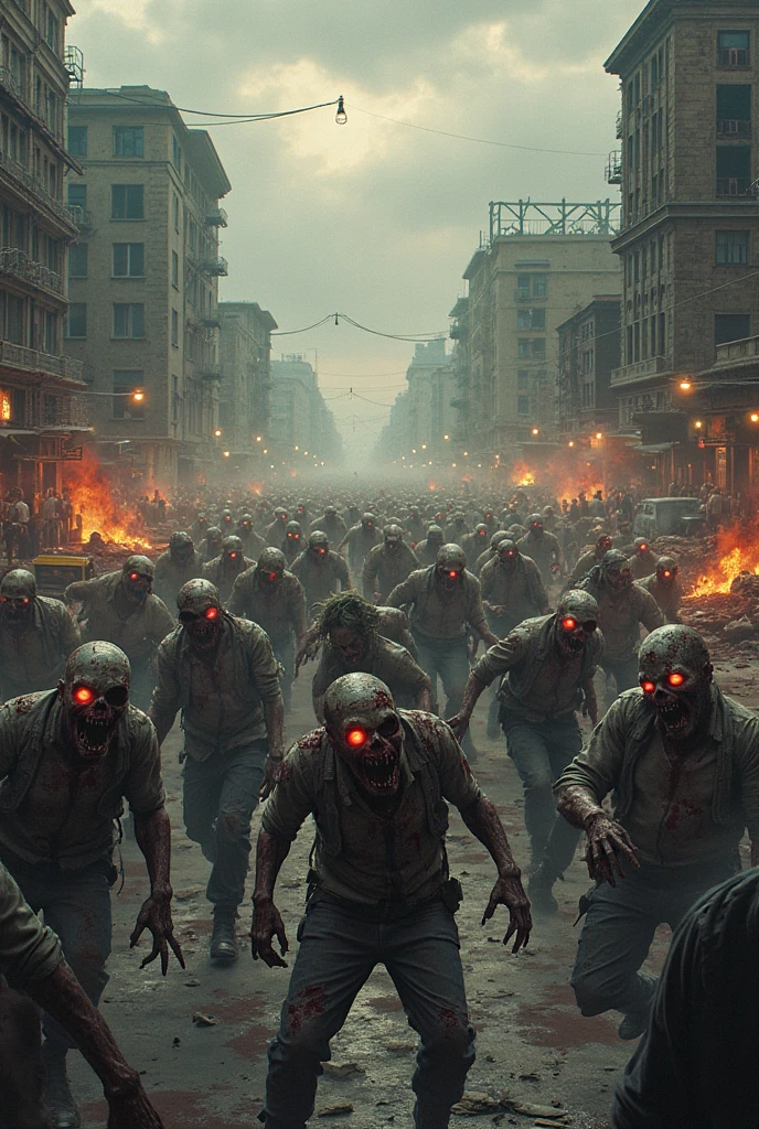 Zombies tearing at crowds in the streets，Outbreak of zombie virus in the crowd，Chaotic and dilapidated streets，A crowd fleeing in panic，Armageddon，Zombie games，Resident Evil，Realistic scenes，ultraclear，Lots of detail, focus on 5 zombies