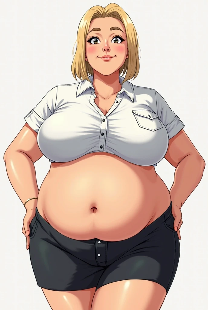 ,illustration of a woman in clothing store, short buttoned blouse with tight red jeans, love handles, belly skinny:1.3, skin indentation, deep skin, best quality, extremely high resolution, sharp focus, dynamic, inside a clothing store (creativity:1.3), chubby belly bulge, Norman Rockwell style