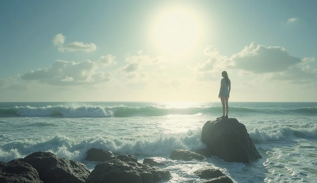 Woman standing on a cliff edge overlooking the ocean, realistic portrait