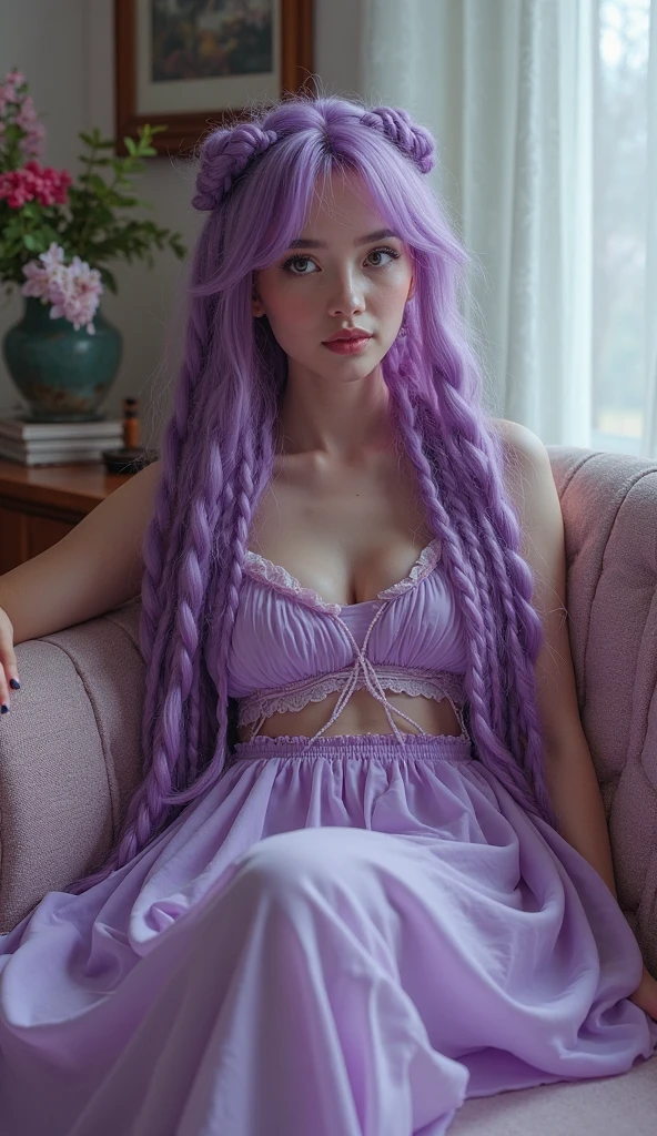 A woman with long, elongated golden hair that falls in curls to the floor, She is wearing a long, elegant lilac-colored dress with lace details. The soft sunlight illuminates her hair, creating an almost magical effect.