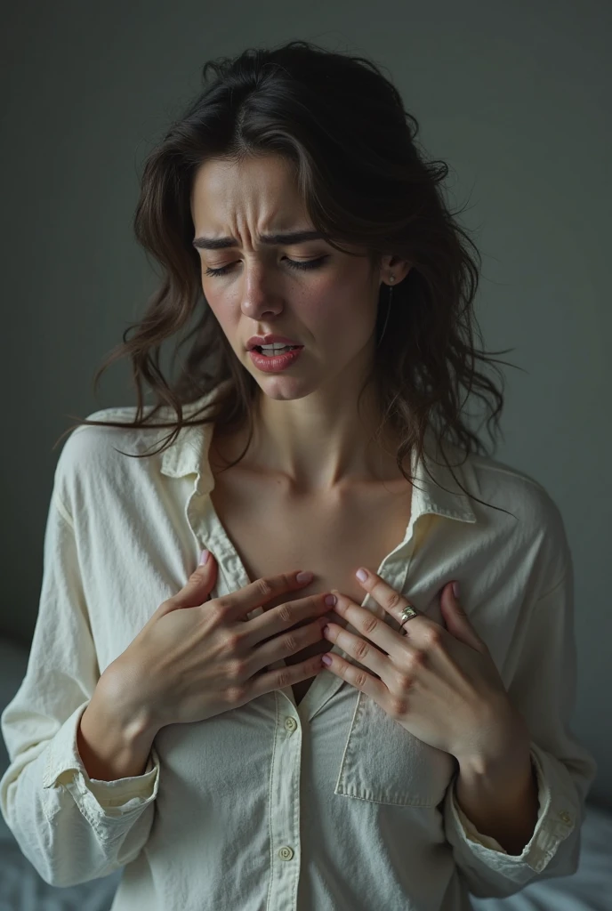 A Egyptian girl of 21, wear light blue shirt, big breasts, put her both hands on breast, holding her breasts with both hands, In a beautiful room, she has pain in breast, showing expression of anxiety on her face