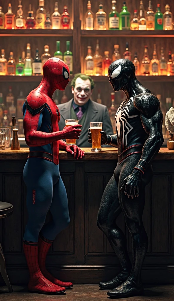 Muscular Spider-Man and Venom drinking beer in a gay men&#39;s bar where everyone wears only underwear, Venom and Spiderman smoking while drinking their beers