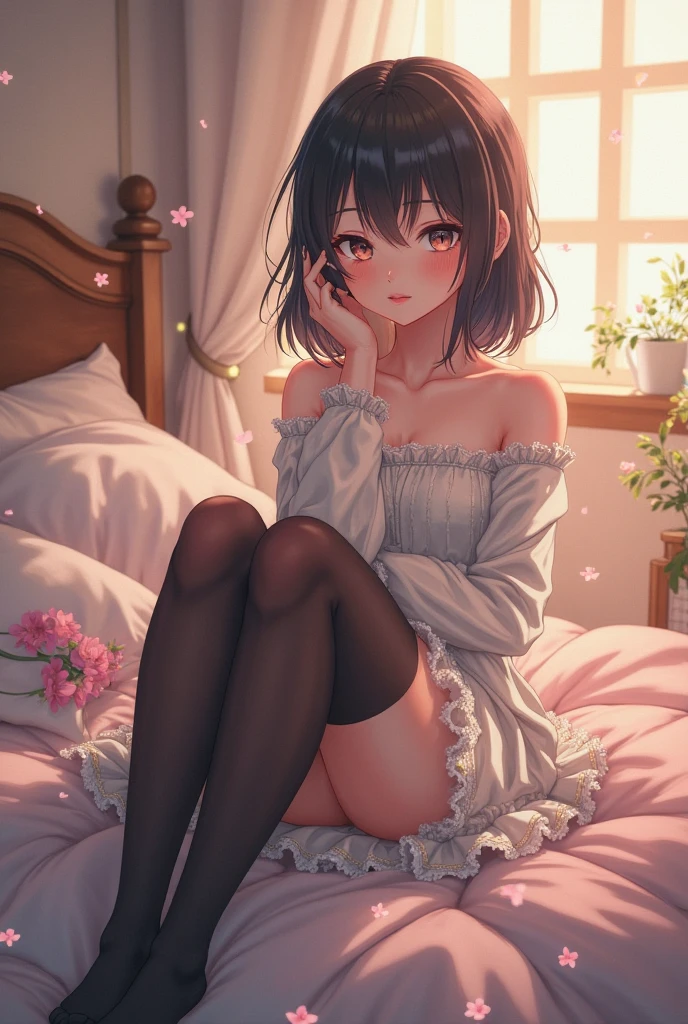 ph_katou,katouhd,katoush,short detailed hair,Brown hair,Light green eyes,Feet up,black pantyhoses,soles of feet,get down on the bed,Turn Back,Lewd expression