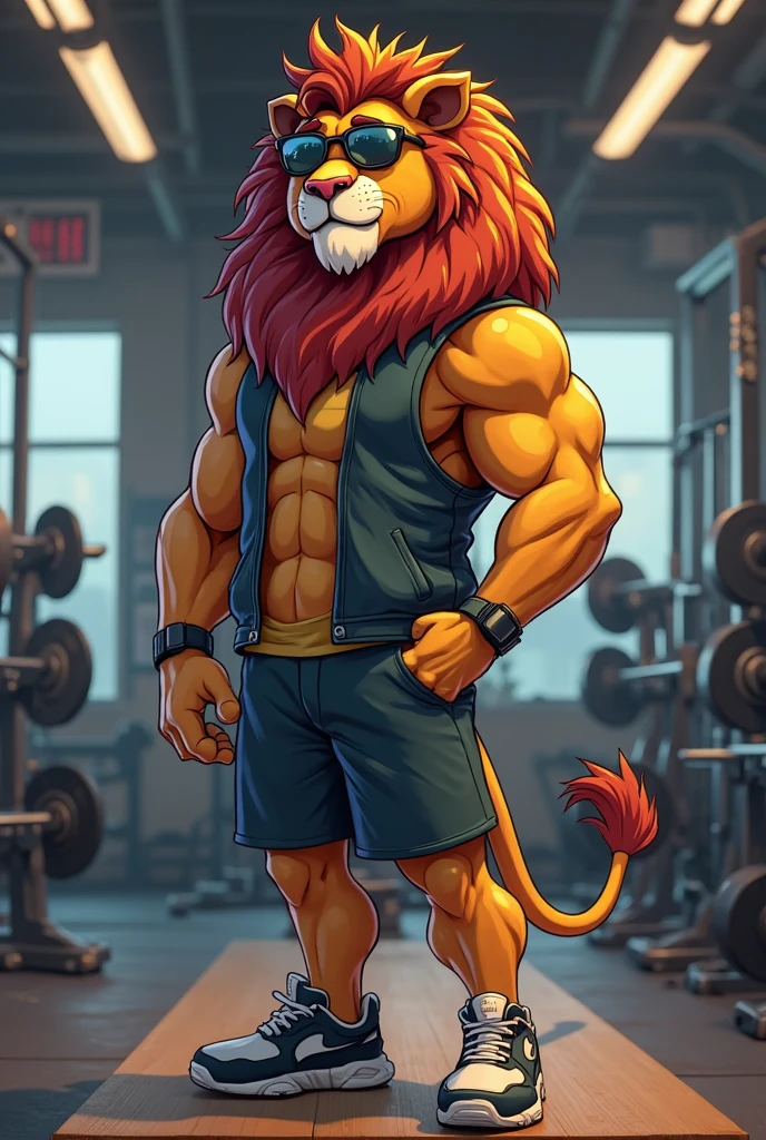 a furry lion, furry, lion, blue sport shorts, gym, shirtless, muscular, male, masculine, red hair, yellowish fur, brown eyes, hands up, red hairy armpits, cartoony, illustration, sharp focus, smooth lightning, soft colours, medium length hair, two blogs haircut, young guy, water-colours, wet fur