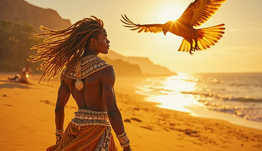 A handsome beautiful shirtless white skin man in the desert with a falcon