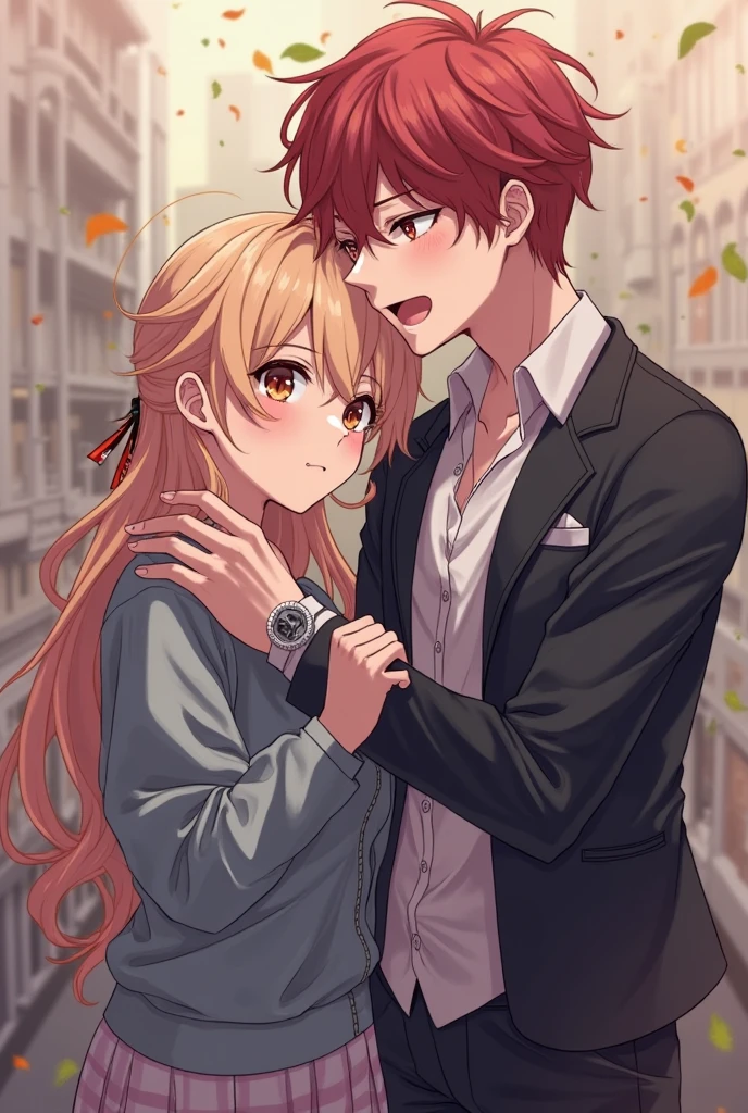 1boy(Black tie、The jacket is a gray jacket, White shirt, tie, Pants,One ear only, one earring, earrings, Best Quality 、a blond、Golden Eyes、a smile、Tall、refreshing)、1girll(long pink hair、Pink eyes、huge tit、white  shirt、Red Ribbon、Uniform skirt)