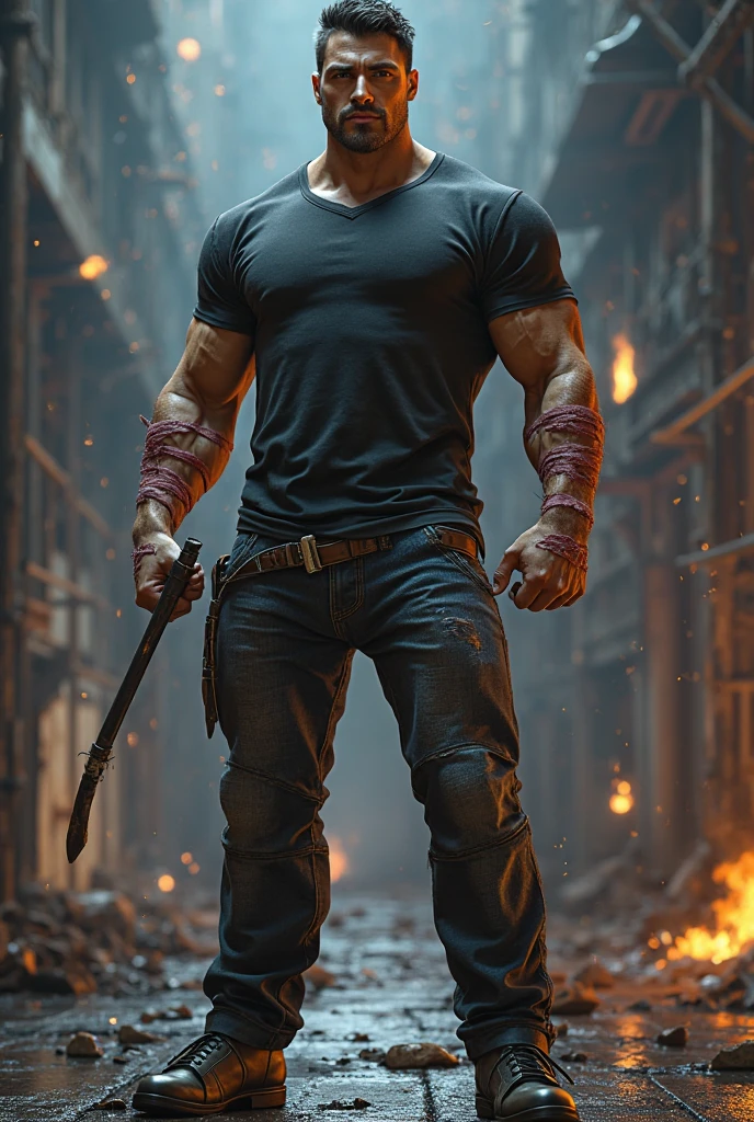 a shirtless older fireman, 79 years old, holding an ax, a large fire burning in the background, wearing fireproof pants, fireproof boots, firefighter helmet, highly detailed, photorealistic, 8k, best quality, cinematic lighting, dramatic colors, chiaroscuro lighting, muscular build, determined expression, dynamic pose