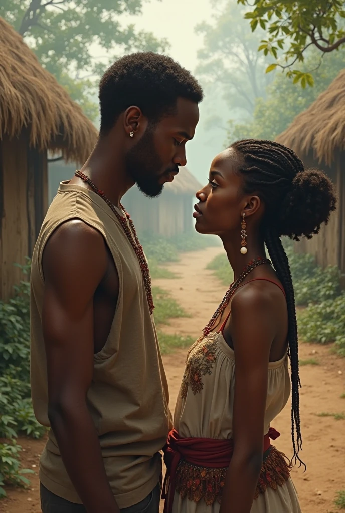 An African hunter with short hair out of curiosity dogging behind a bush to see some young African lady in African clothes