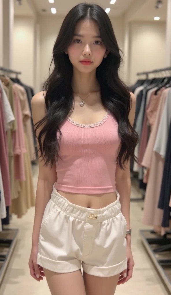 Long brown hair, smiling slightly, beautiful visuals, short almond coral and white nails, cute, kpop member, beautiful, light pink kpop idol outfit, kpop idol makeup