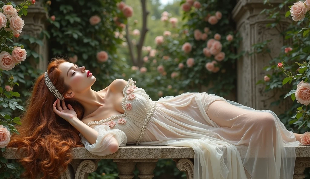 a woman reclining on a stone platform. She has long, wavy, brown hair cascading over the edge. The woman is dressed in a delicate, flowing pink dress with intricate lace and ruffles, which is revealing in nature, complemented by black lace garters and stockings. Her pose is relaxed, with one arm bent behind her head and the other resting on the platform. The background is a gradient of warm tones, transitioning from a soft orange to a pale yellow, giving the scene a warm, ethereal glow. The stone platform has a classical architectural design with square, recessed panels and a solid base.