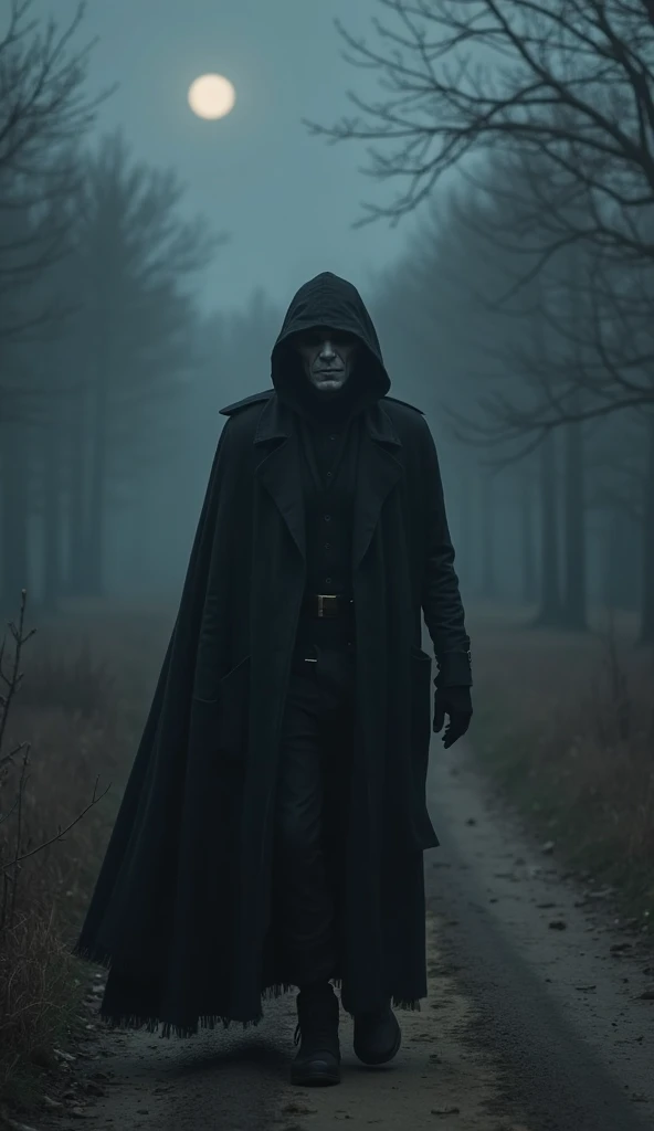a man wearing plague mask and black jacket coat standing on a road