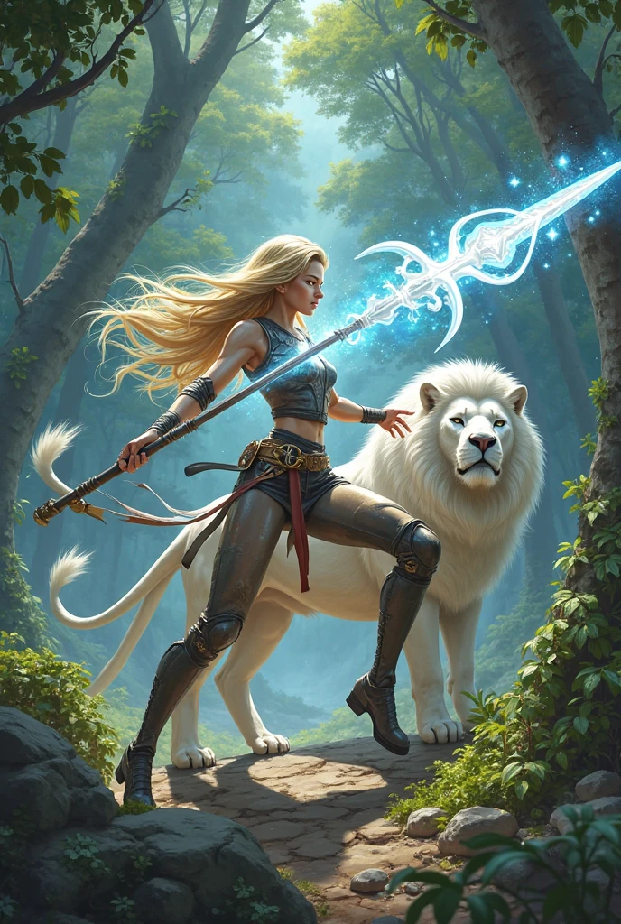 Female Nightelf Huntress with tribal tattoos, longbow in hand with arrow nocked, glowing green light eyes, world of warcraft, eerie, Creepy, nightmarish, Very bright colors, Light particles, with light glowing, large white lion companion, Mshiff, wallpaper art, UHD wallpaper