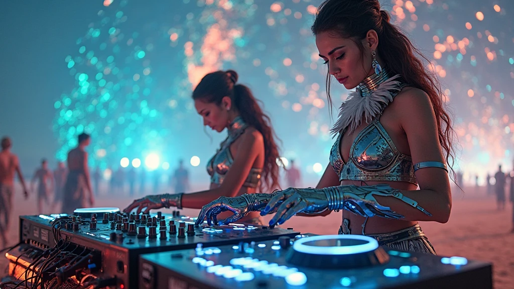 Tantric priestess with tattoos and percings and an ironman mask mixing music on a DJ turntable at a Hindu temple Ultra-realistic photo -- --auto