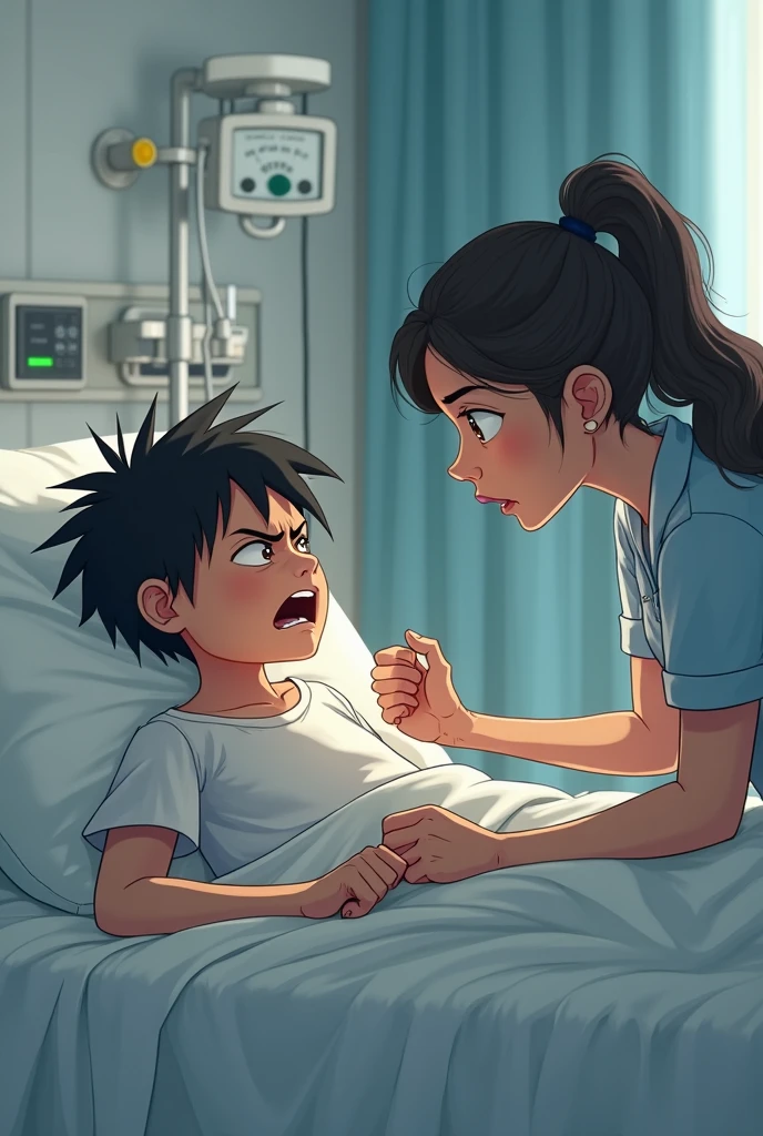 Viñeta 1: JUAN  niño de 12 AÑOS ACOTADO EN LA CAMILLA

Enfermera Maria: "Hello, Juan. Soy la enfermera Maria. I am here to help you. How do you feel today??"

Juan: [roughly] "I feel like shit. Is that what you wanted to hear??"

Expansion: From the beginning, Juan shows his hostility. Maria, without losing calm, understands that Juan&#39;s attitude is a symptom of his disorder.
CREATE IMAGES CARTOONS