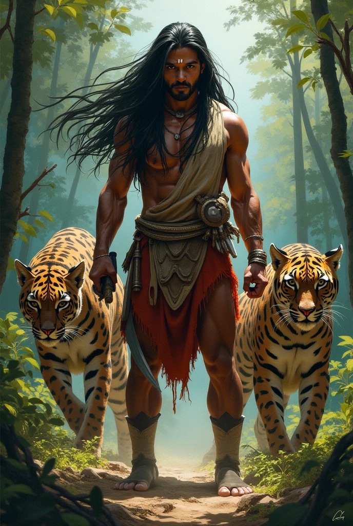 Aztec jaguar animal warrior carrying a sack of cement on his shoulder in the jungle 
