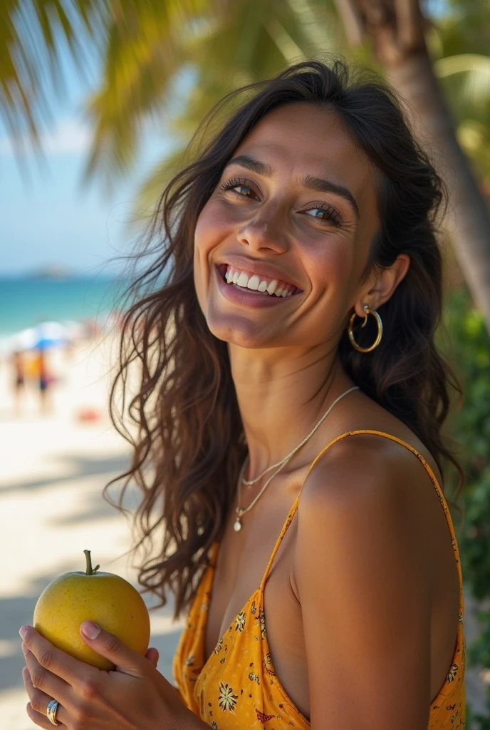 Costa Rican woman eating a peeled banana。The background is a famous tourist spot